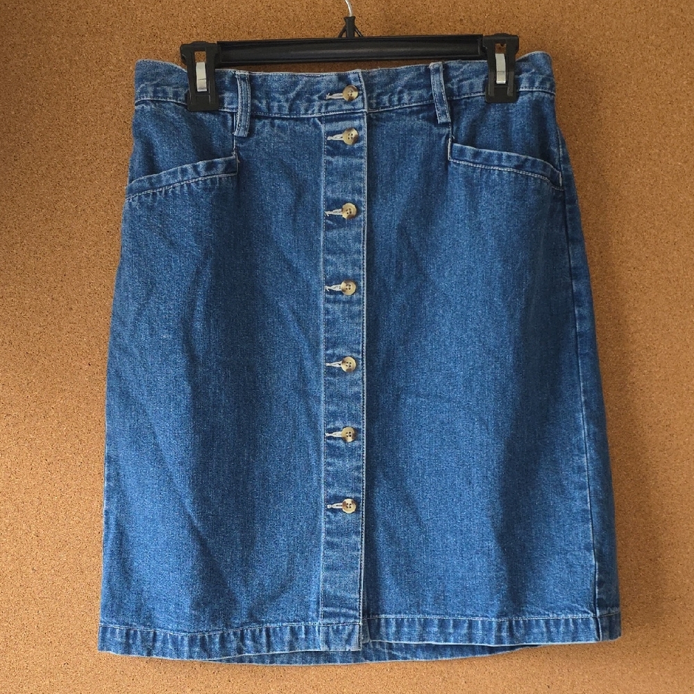 Eddie Bauer Y2K Blue Denim Pencil Skirt Size 12 Tall Button Detail